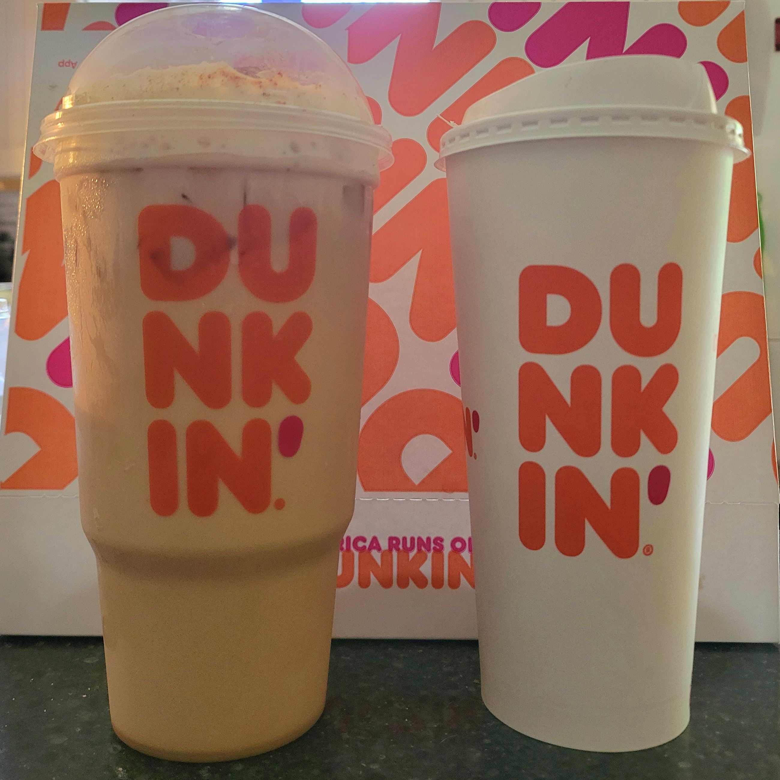 Large iced latte and xlarge hot coffee from Dunkin