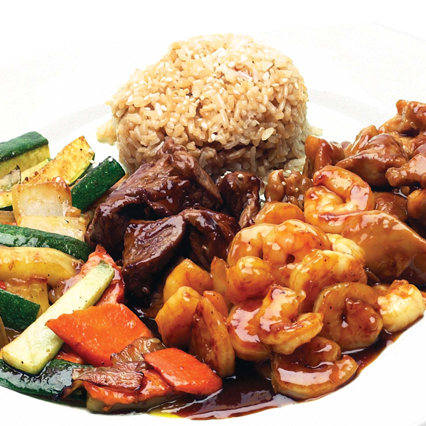 Hibachi with grilled zucchini, broccoli, onion, carrot and fried rice