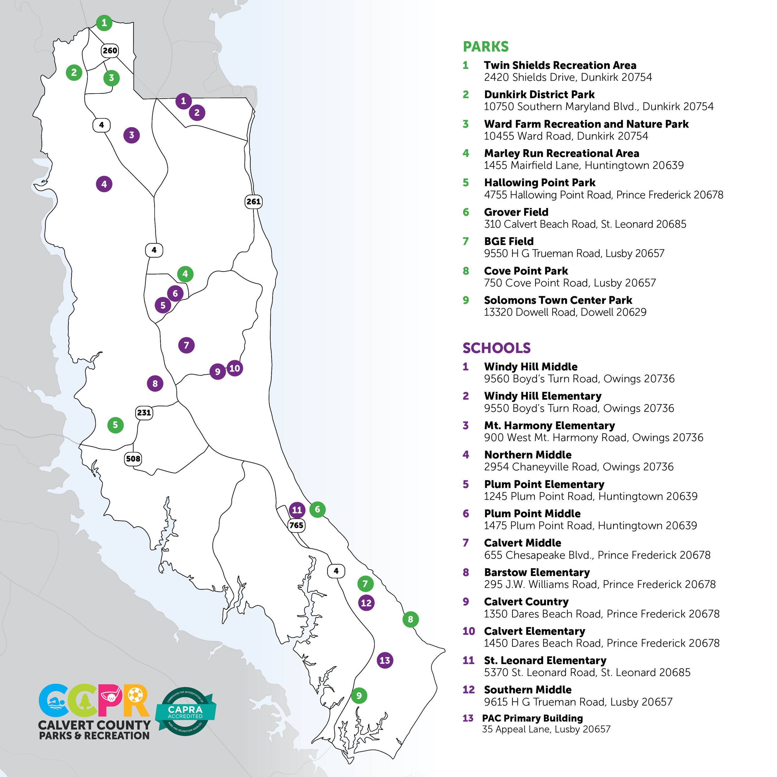 Map of sports field locations in Calvert County