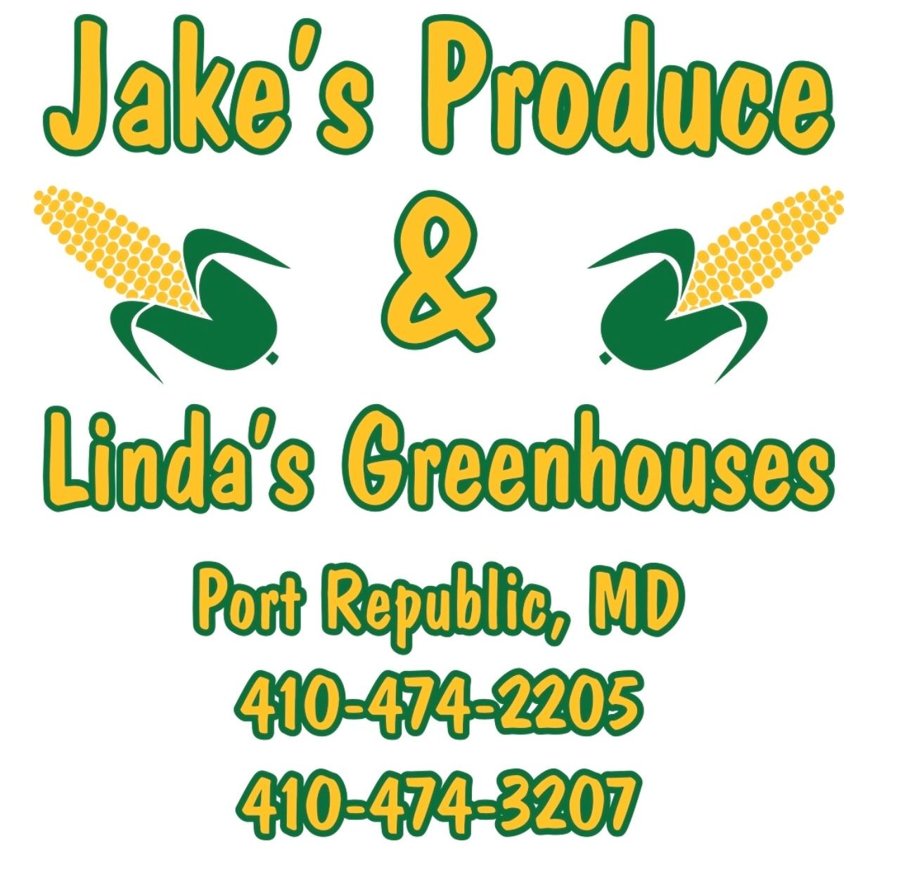 Jakes Produce Lindas Greenhouse logo yellow text and corn